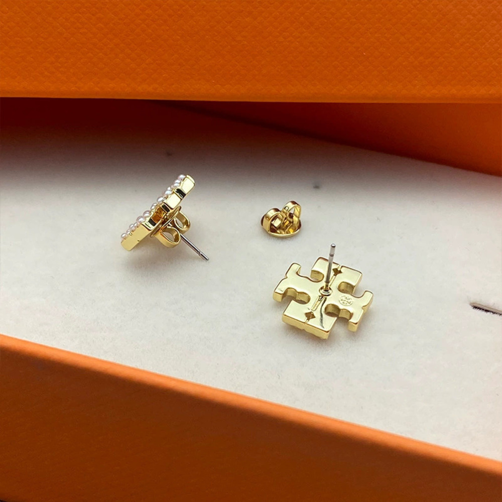 Tory Burch Gold Plated Double Micro Pave Cross Stud Earrings - Picture 2 of 7